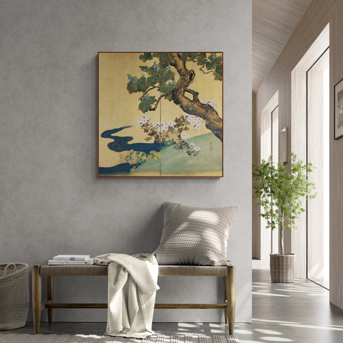 Rinpa Painting - "Flowing Water with Paulownia and Chrysanthemum" by Sakai Hōitsu
