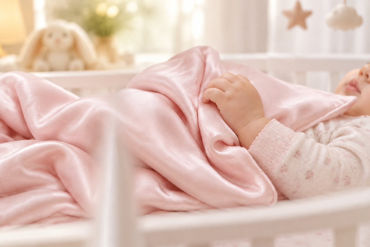 Premium 6A silk baby blanket in baby pink styled on a cozy nursery bed, smooth, breathable, vegan and sustainable.