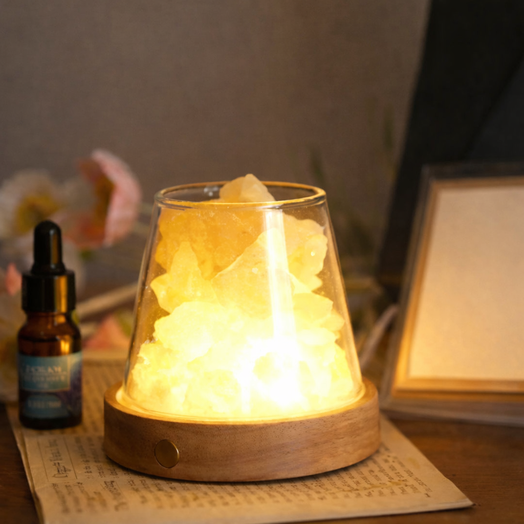 Decorative lamp with glowing crystal inside on a table with a bottle and photo frame in the background.
