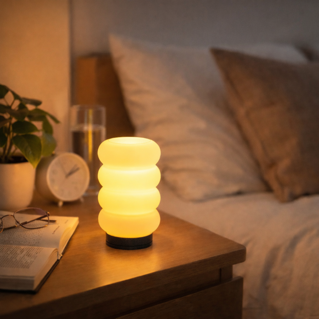 Decorative lamp on a bedside table with a cozy bedroom setting