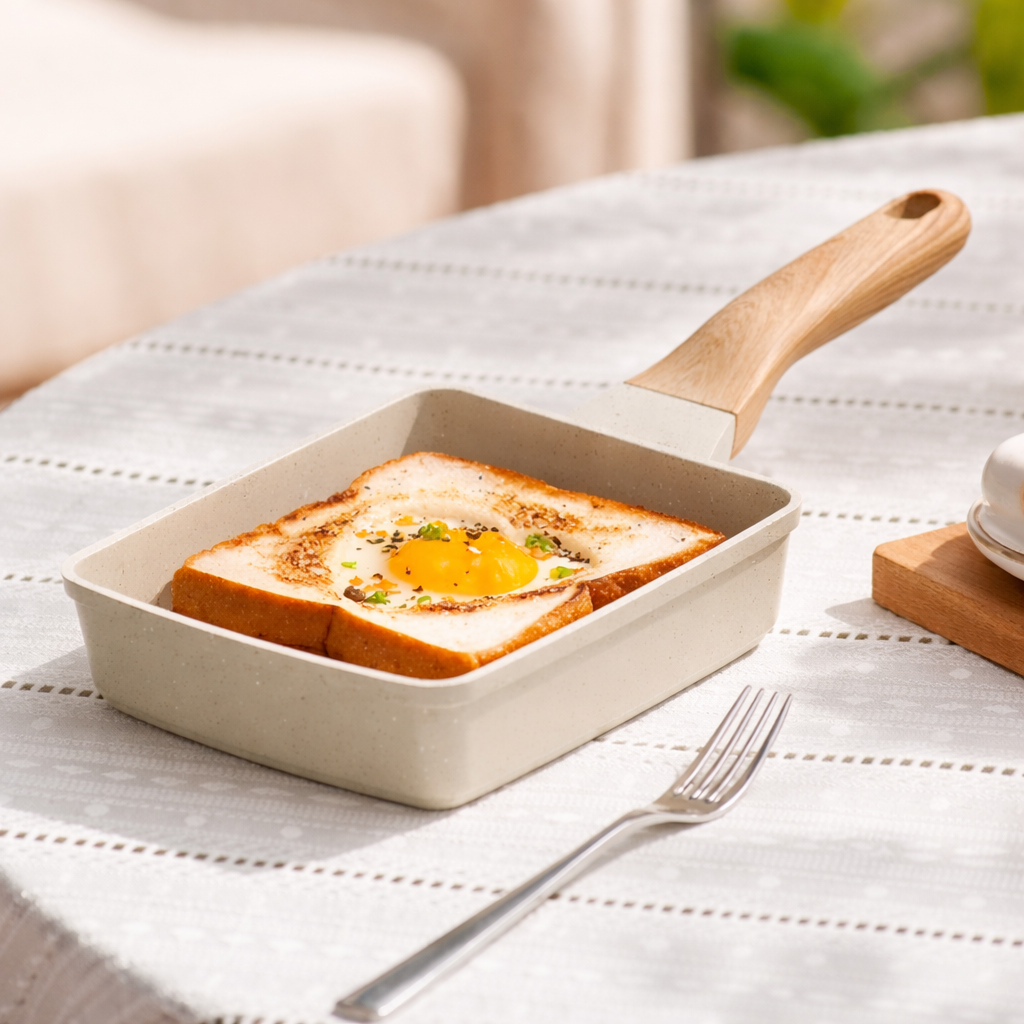 Small square pan with toast and a sunny-side-up egg on a white tablecloth.