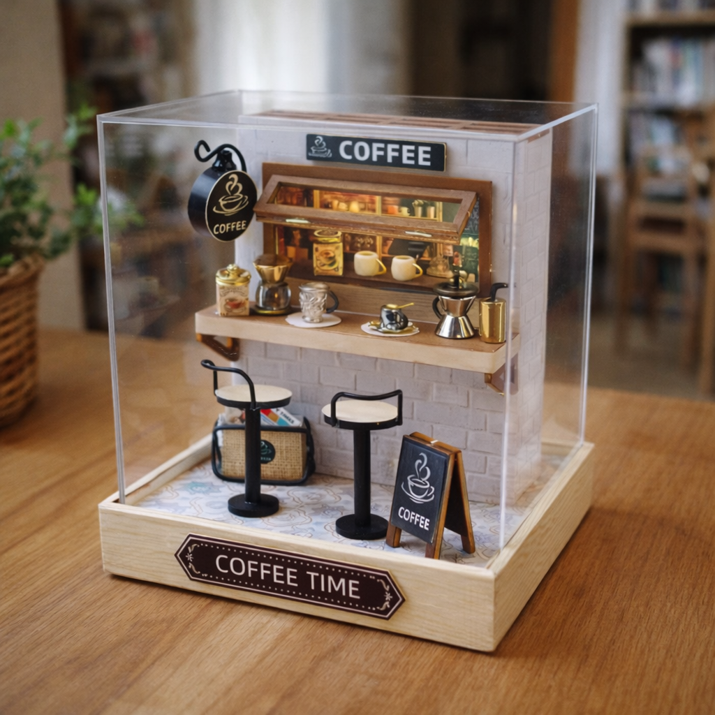 Miniature model of a coffee shop inside a clear display case on a wooden surface.
