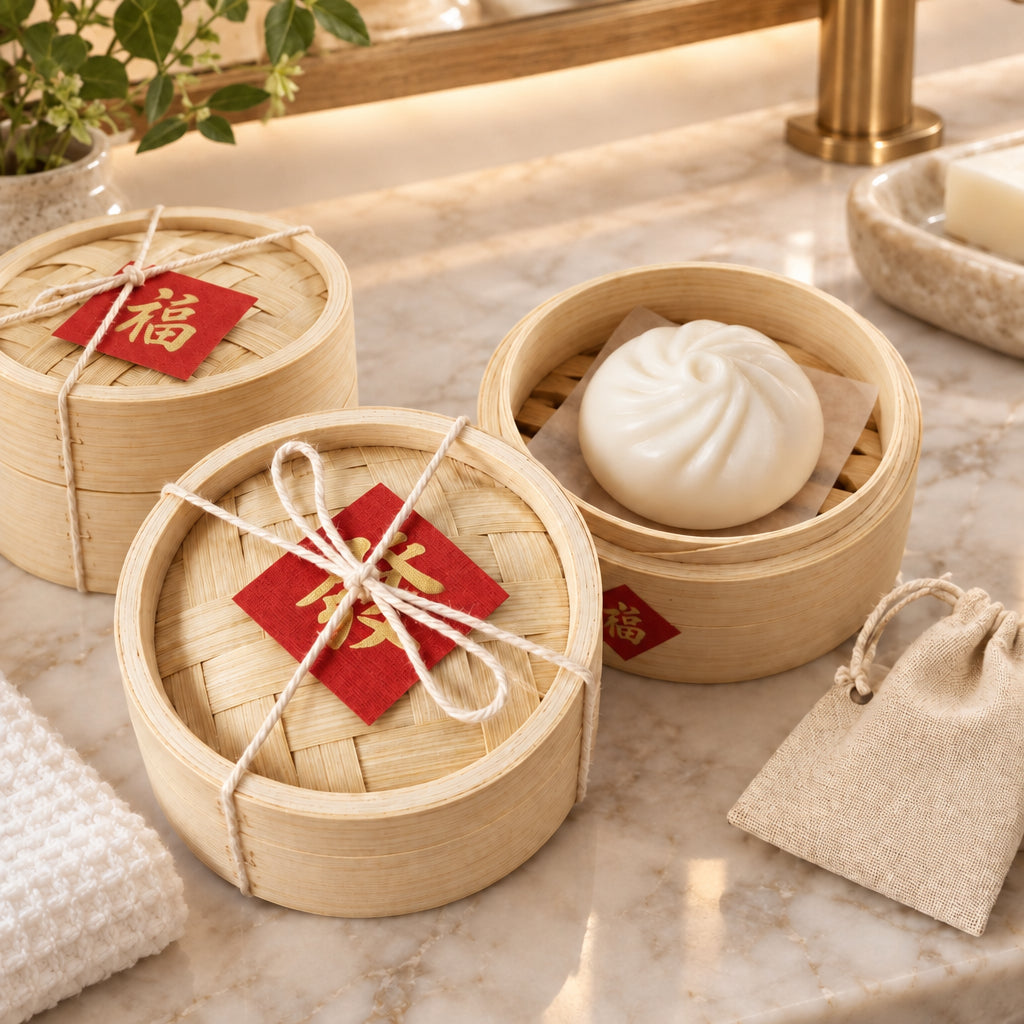 Fortune Xiao Long Bao handmade soap presented in a mini bamboo steamer basket