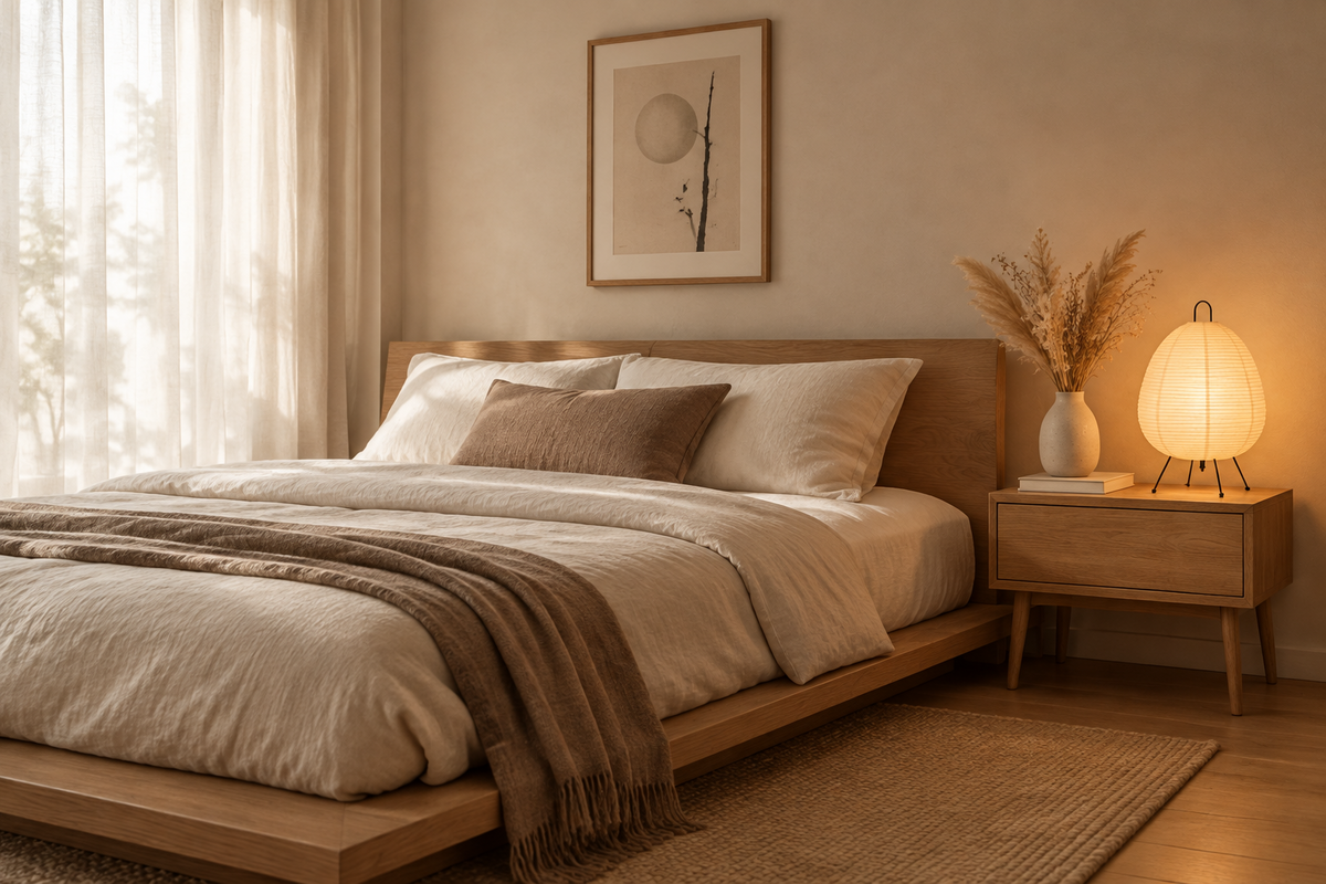 Table lamp on a wooden nightstand with a vase and book in a softly lit room.