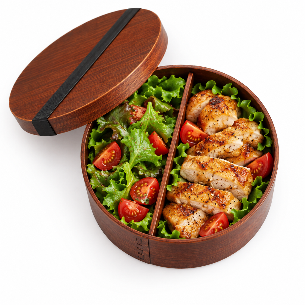 Wooden bento box with compartments filled with food on a white background