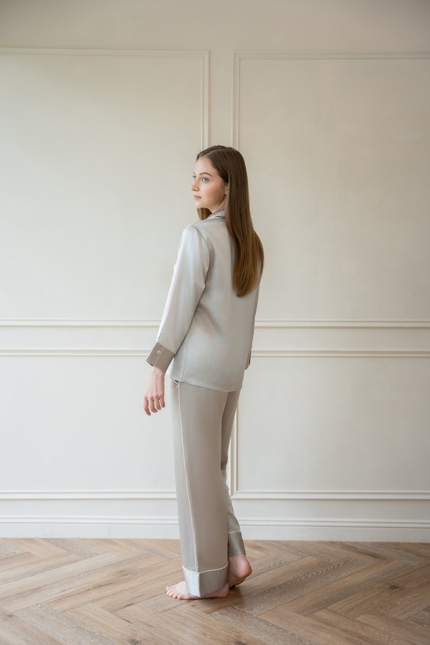 Model wearing a Bebe Silk pajama set made from natural mulberry silk