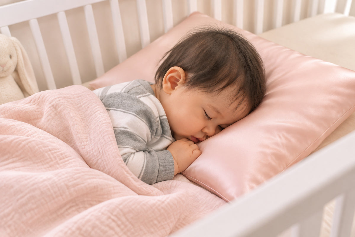 Baby pink premium silk baby pillow crafted from high-quality 6A silk for refined and sustainable infant comfort.