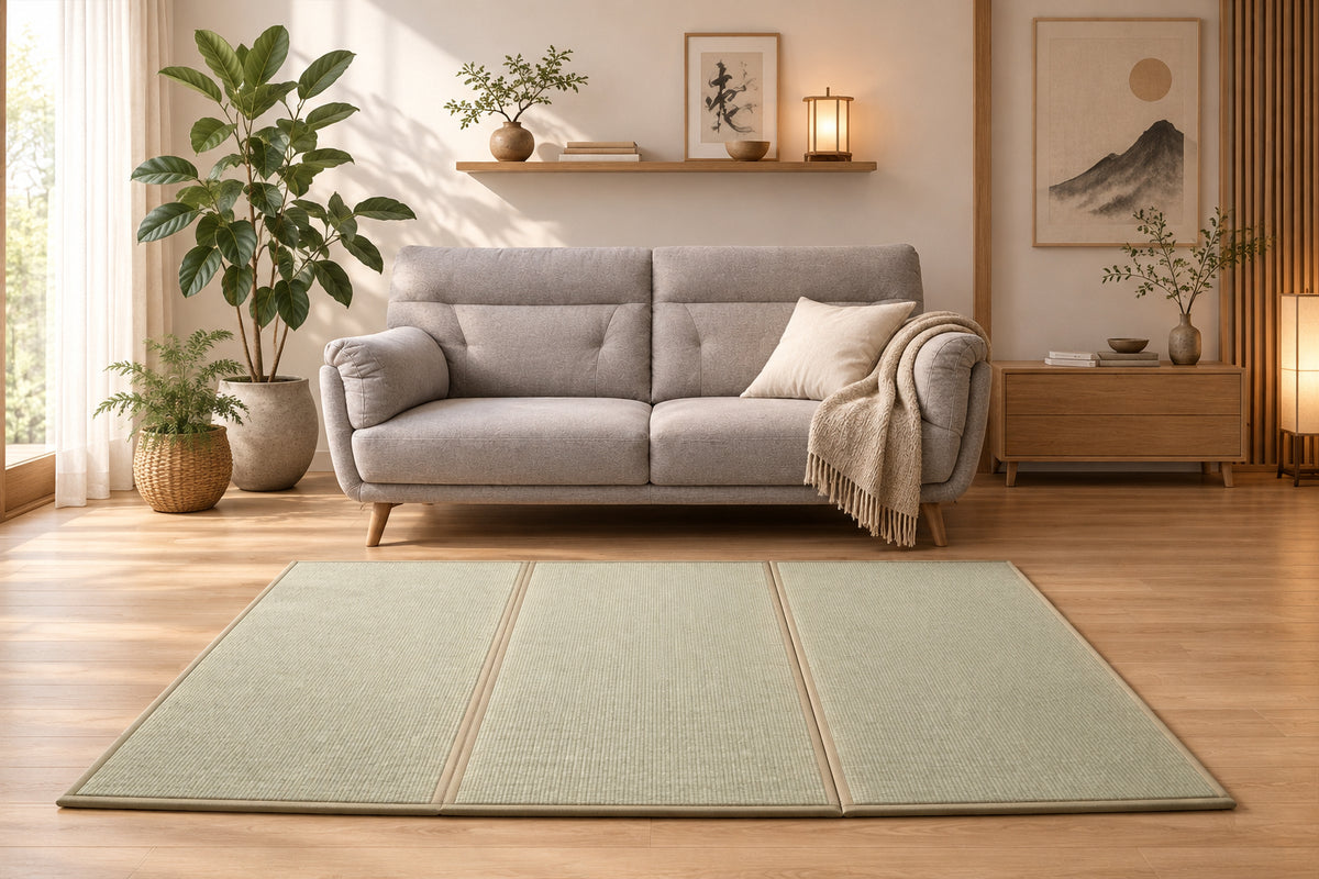 Tatami foldable mattress in Three placed in a minimalist living space, crafted from natural igusa grass, vegan and eco-friendly.