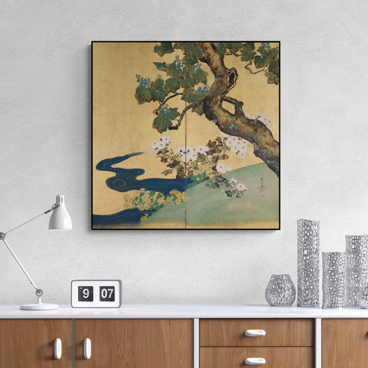 Rinpa Painting - "Flowing Water with Paulownia and Chrysanthemum" by Sakai Hōitsu