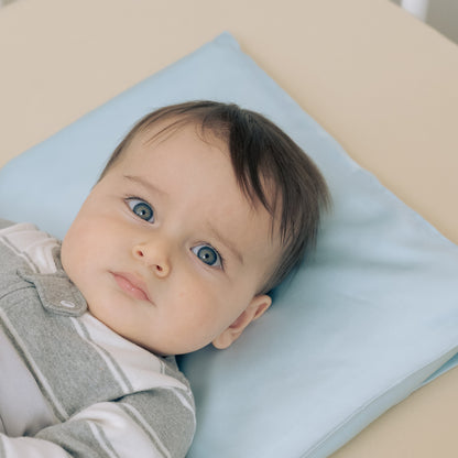 Baby blue premium silk baby pillow crafted from high-quality 6A silk for refined and sustainable infant comfort.