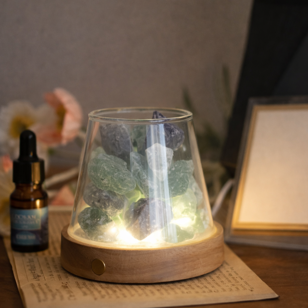 Glass lamp with rocks inside on a wooden base, next to a bottle and framed picture.