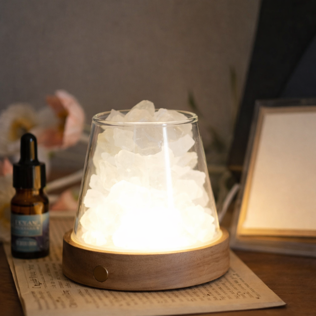 Glass lamp with wooden base emitting a warm glow on a surface with a blurred background