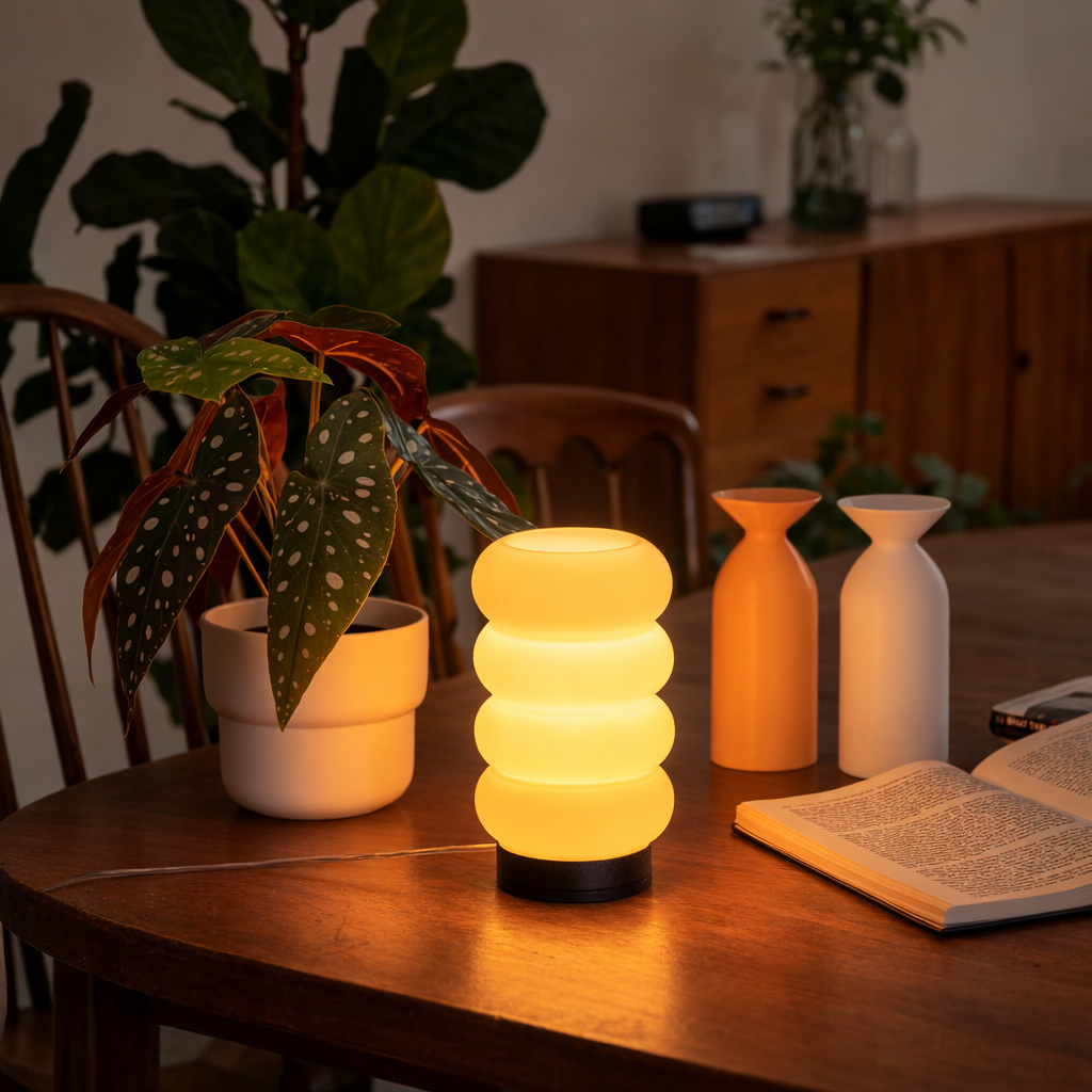 Decorative table setting with a glowing lamp, books, and plants in a warm indoor setting.