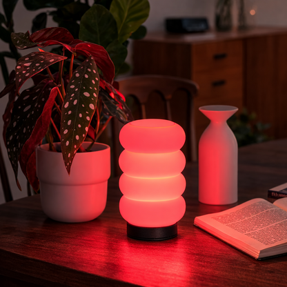 Table with a red-lit lamp, plant, and book in a dimly lit room.