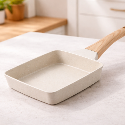 White rectangular ceramic baking dish with wooden handle on a white surface