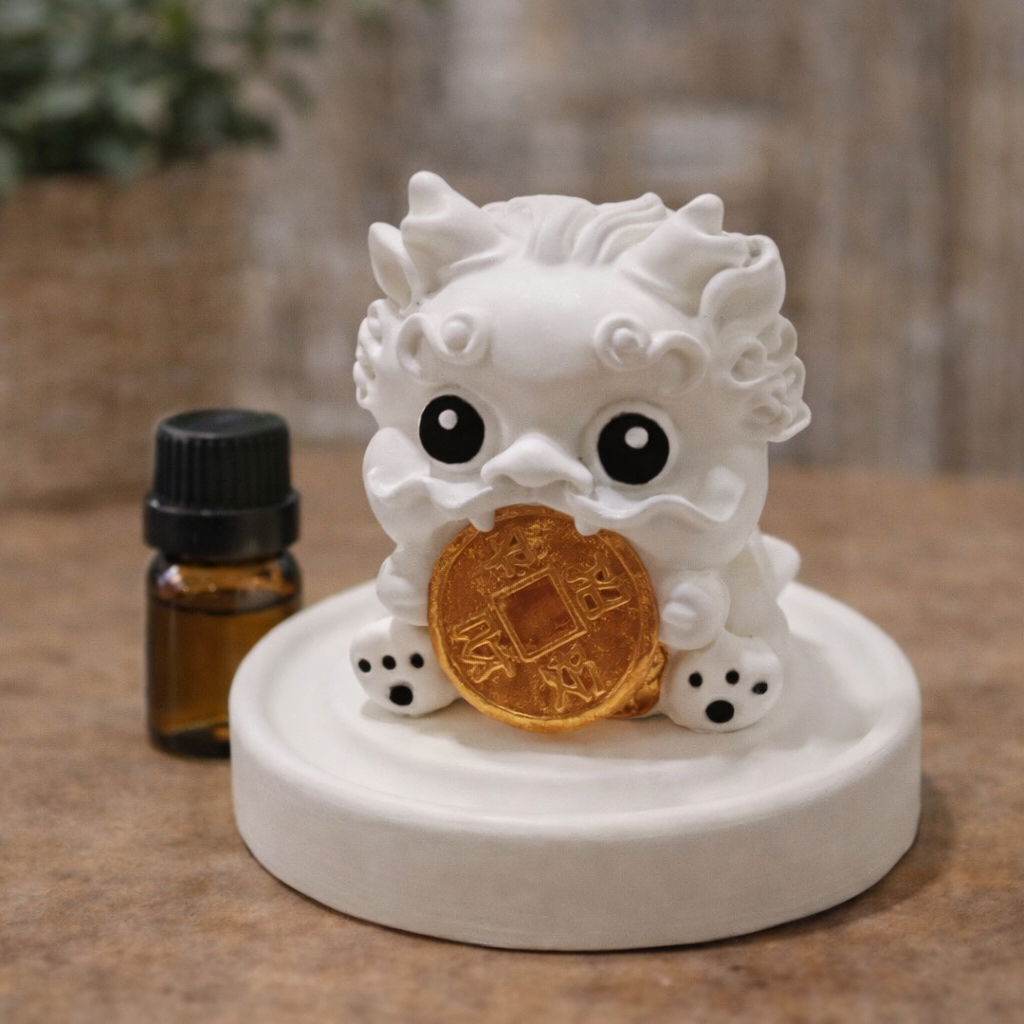 White ceramic dragon figurine with a gold coin on a wooden surface