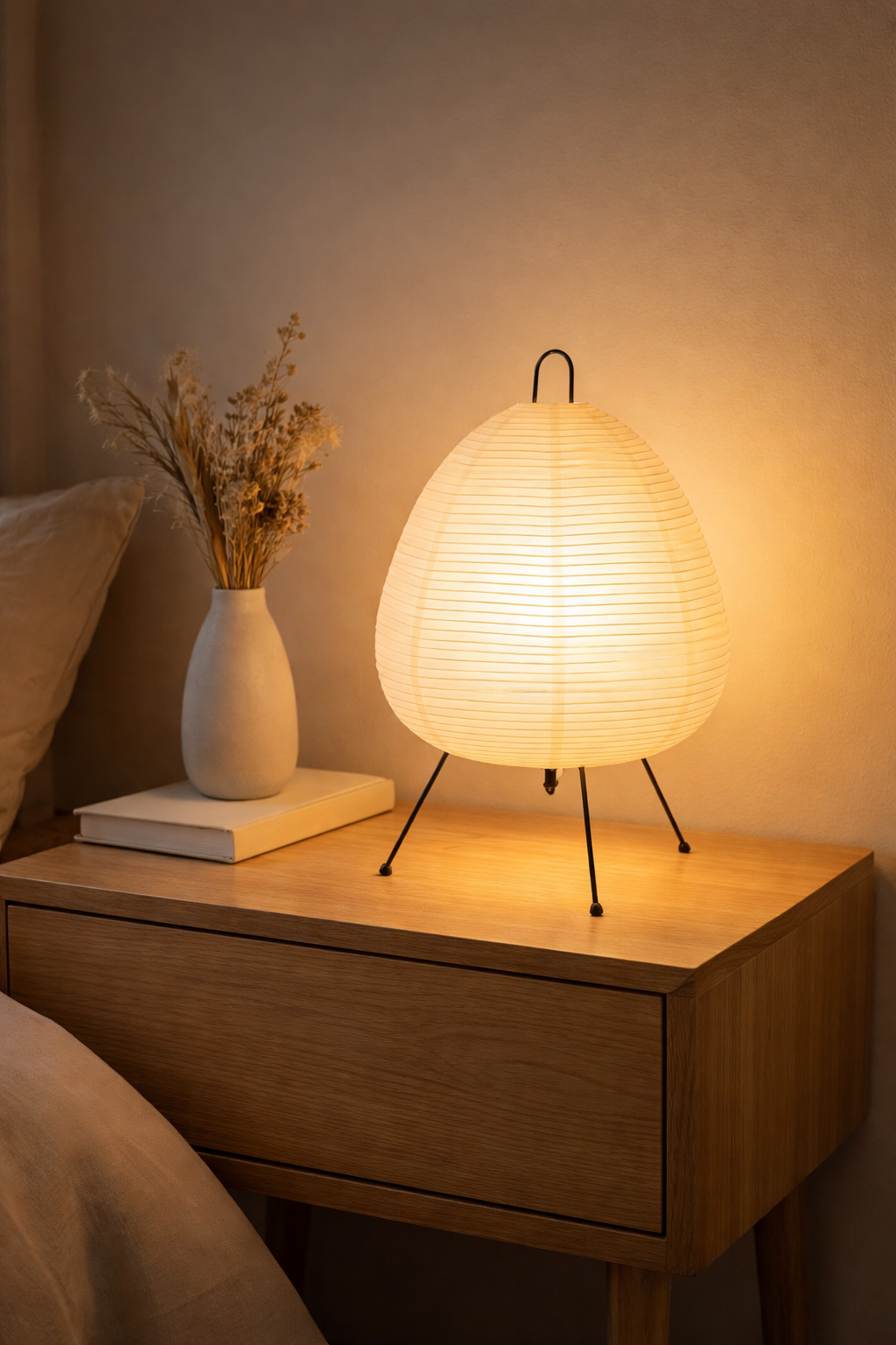 Table lamp on a wooden nightstand with a vase and book in a softly lit room.