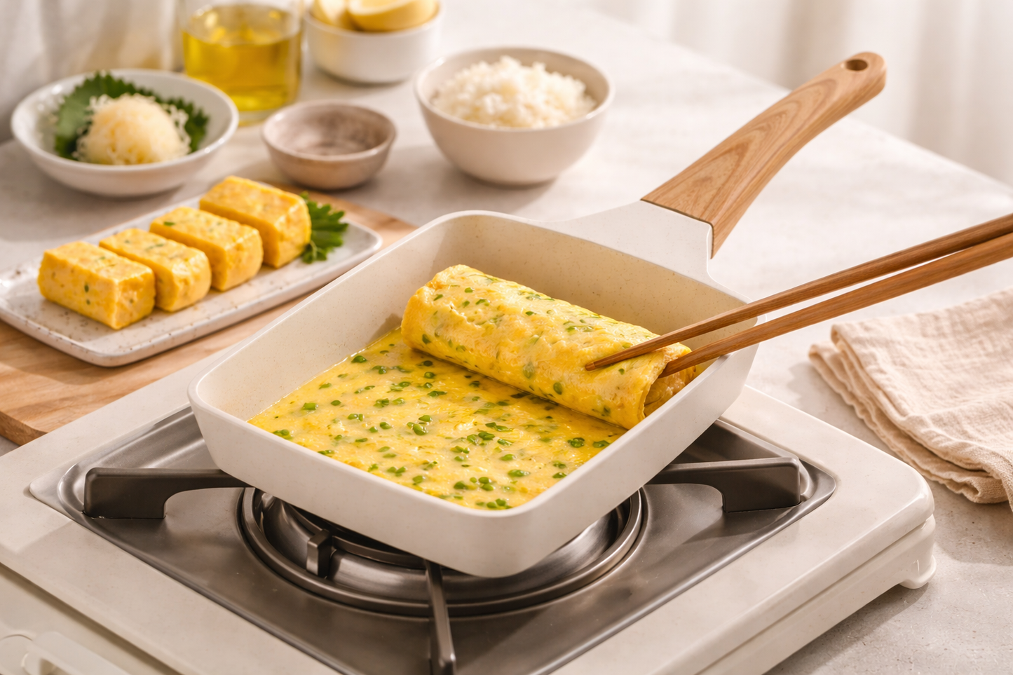 Rolled omelette in a white dish on a stove with wooden chopsticks, surrounded by ingredients.