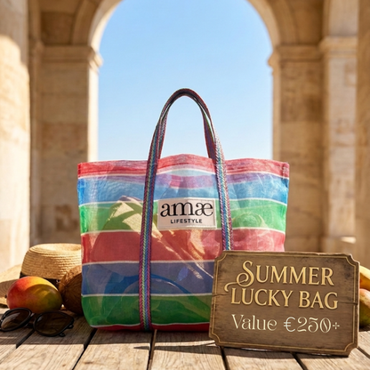 amae Summer Lucky Bag presented in a colourful KA-TSI Mesh Tote Bag