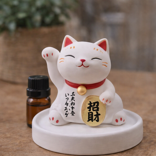 White cat figurine with red accents on a wooden surface