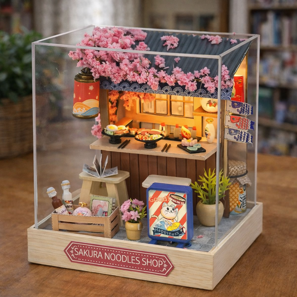 Miniature model of a noodle shop with cherry blossoms, displayed in a clear case.