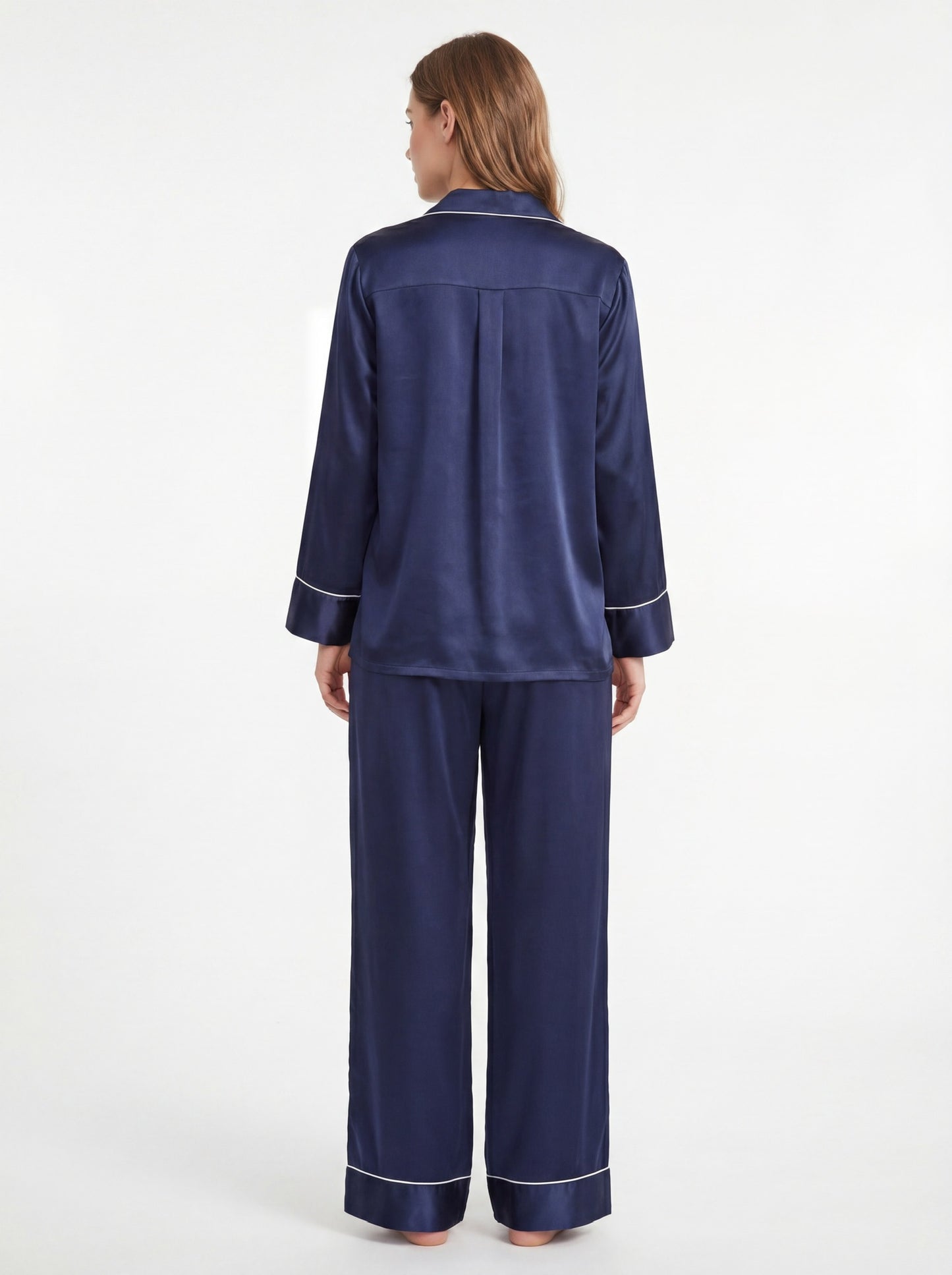 Bebe Silk long-sleeve navy pajama set with matching trousers