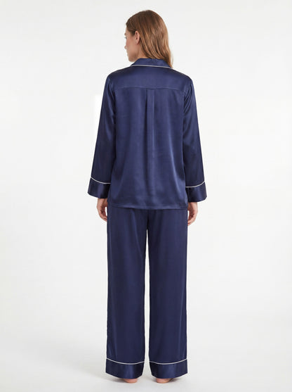Bebe Silk long-sleeve navy pajama set with matching trousers