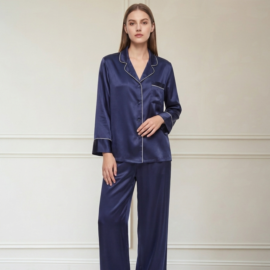 Model wearing a navy blue Bebe Silk pajama set made from natural mulberry silk