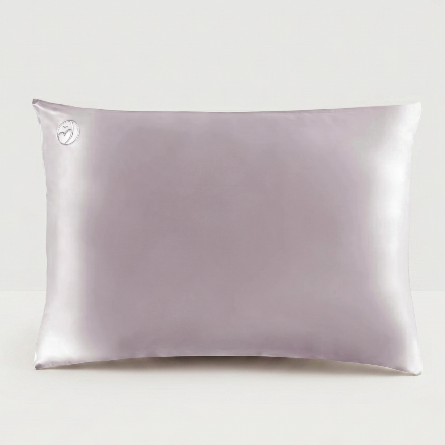 Luxury silver silk pillowcase displayed against a neutral background