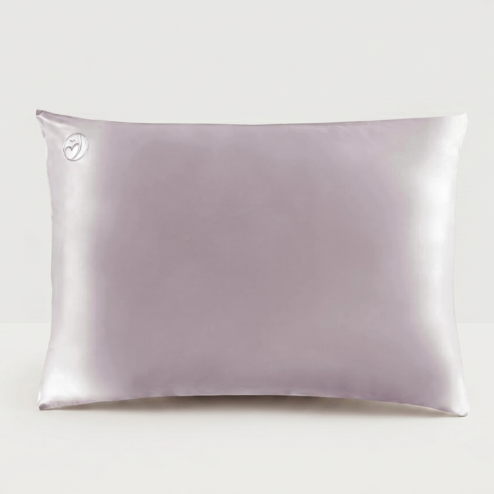 Luxury silver silk pillowcase displayed against a neutral background