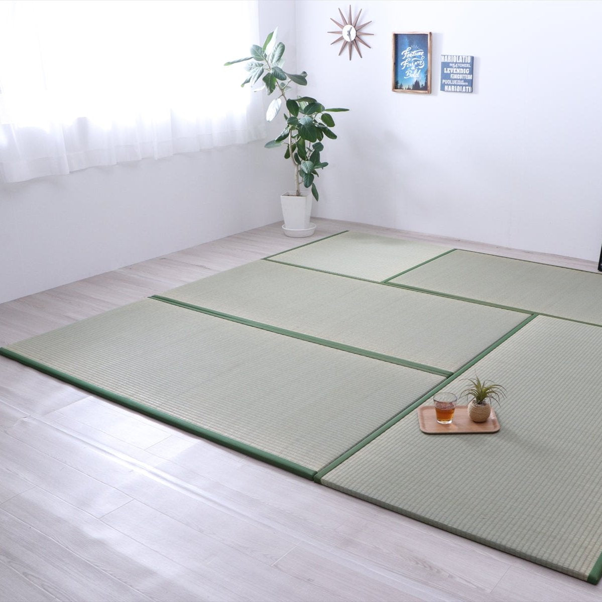 Vegan and sustainable traditional Japanese Rakuza Light tatami made from natural igusa rush grass, styled as eco-friendly flooring in a minimalist home.
